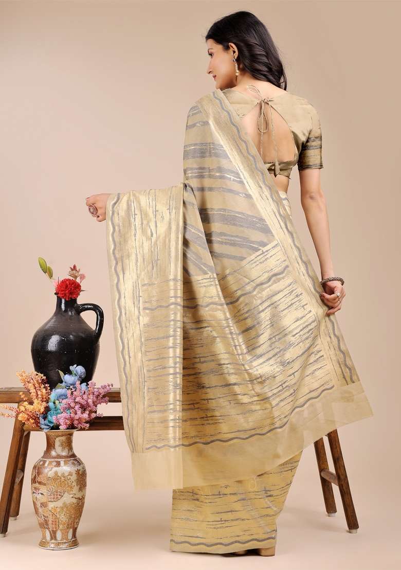 Cream Zari Work Cotton Blend Saree Set - Indya