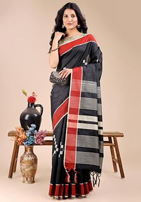 Black Zari Work Cotton Blend Saree Set