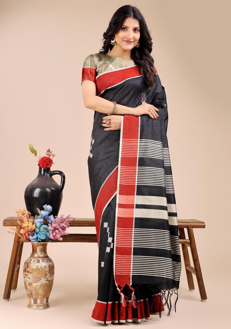 Black Zari Work Cotton Blend Saree Set
