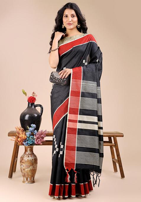 Black Zari Work Cotton Blend Saree Set