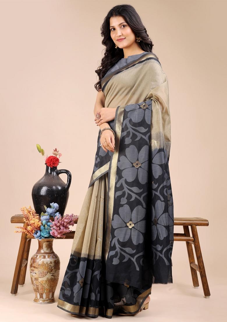 Cream And Black Zari Work Cotton Blend Saree Set