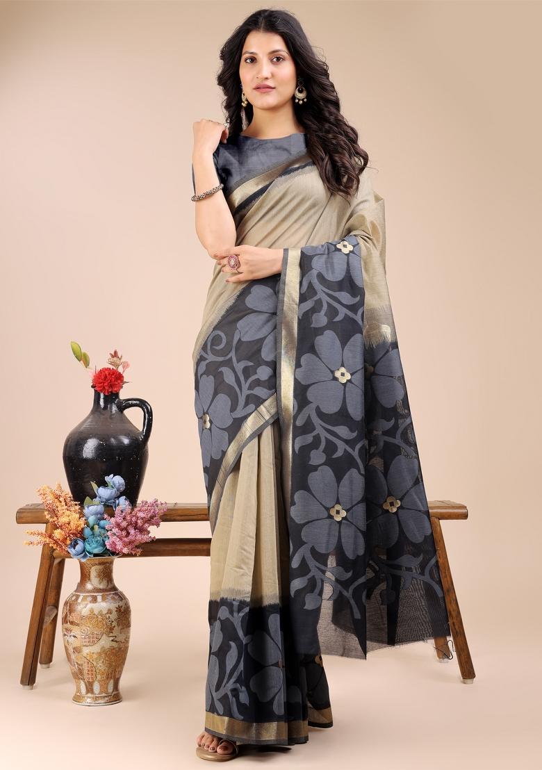 Cream And Black Zari Work Cotton Blend Saree Set