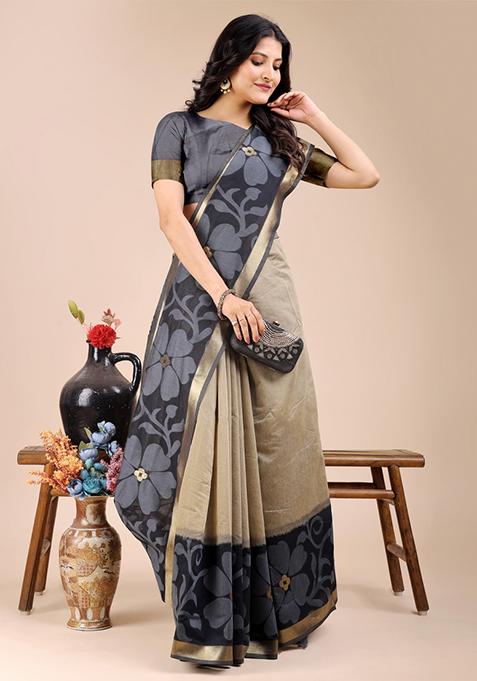 Cream And Black Zari Work Cotton Blend Saree Set