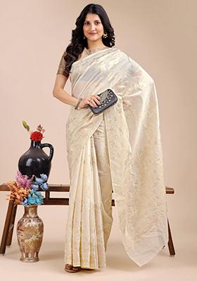 Off White Zari Work Cotton Blend Saree Set