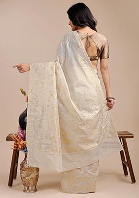 Off White Zari Work Cotton Blend Saree Set