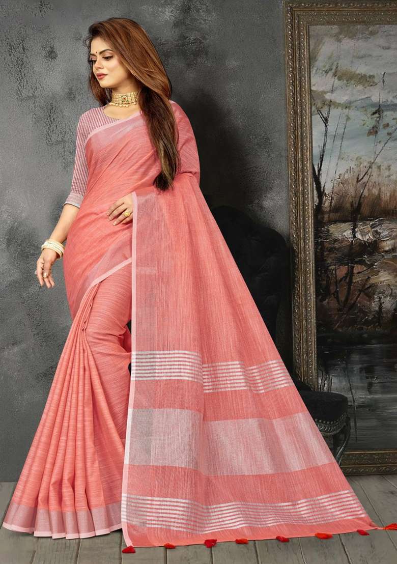 Peach Zari Work Cotton Blend Saree Set - Indya