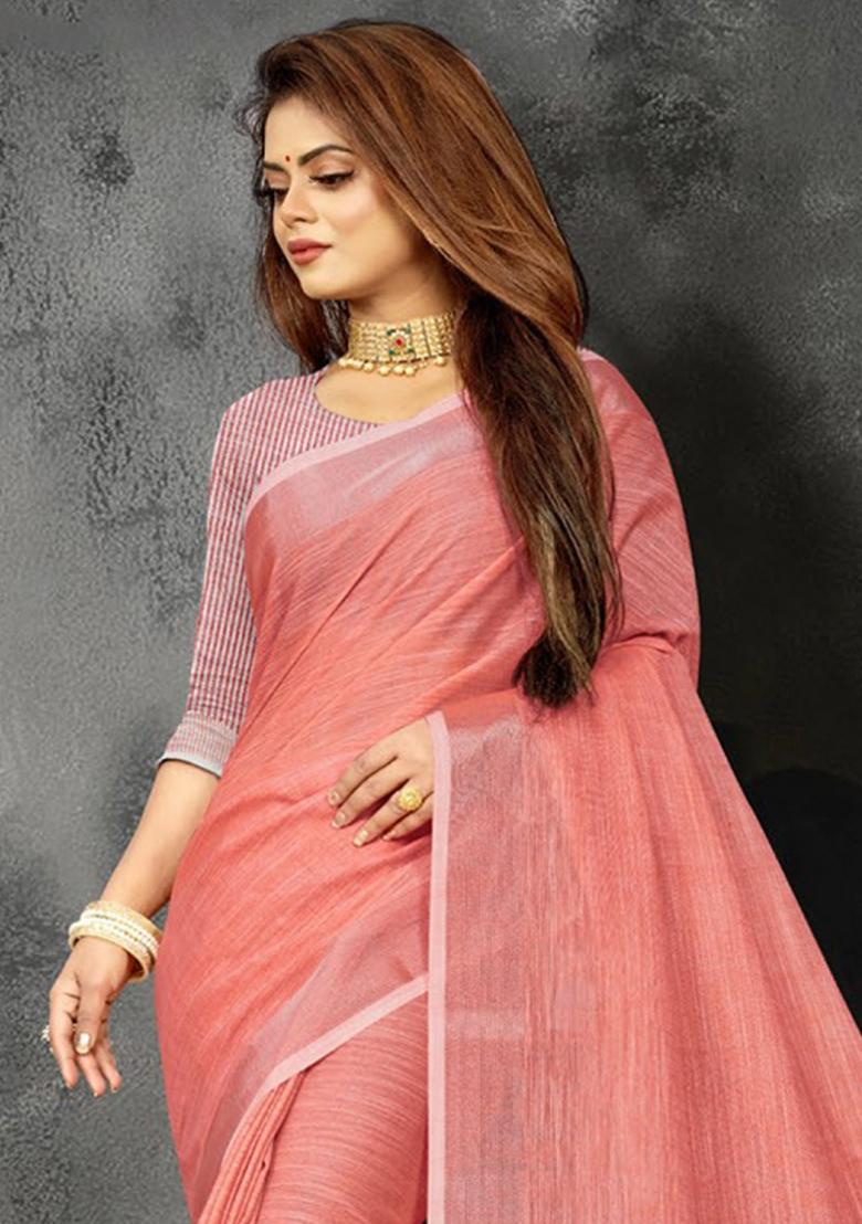 Peach Zari Work Cotton Blend Saree Set