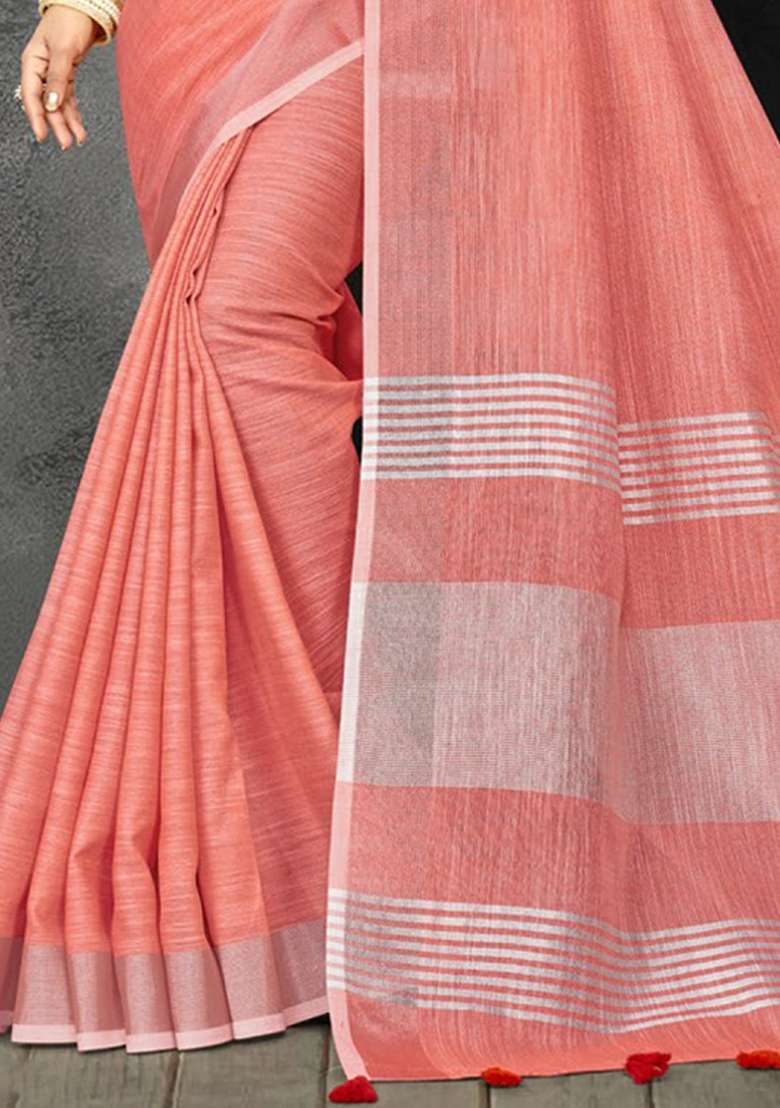 Peach Zari Work Cotton Blend Saree Set - Indya