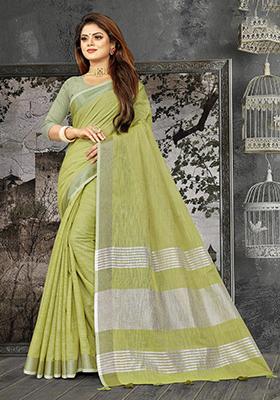 Olive Green Zari Work Cotton Blend Saree Set
