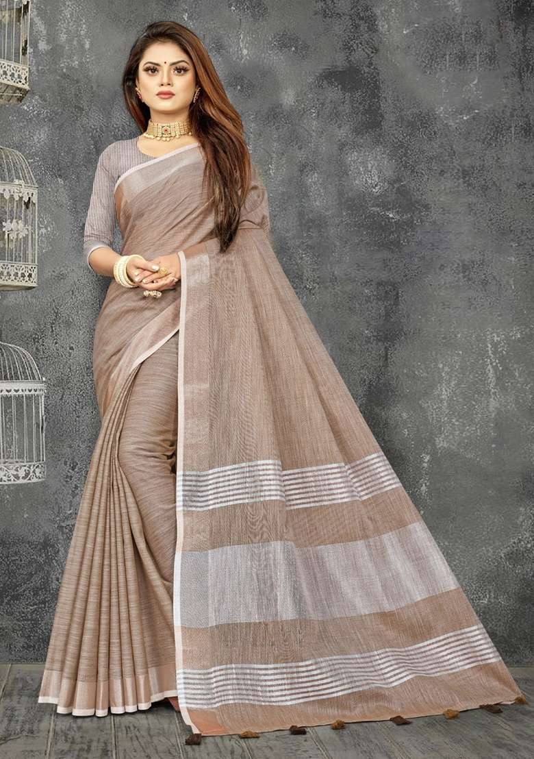 Beige Zari Work Cotton Blend Saree Set - Indya