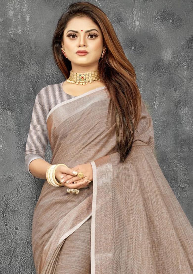 Beige Zari Work Cotton Blend Saree Set