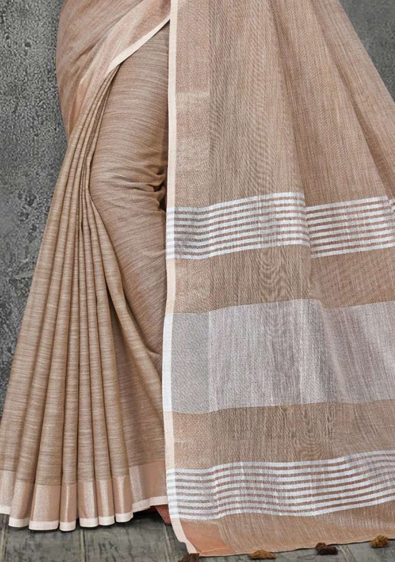 Beige Zari Work Cotton Blend Saree Set - Indya