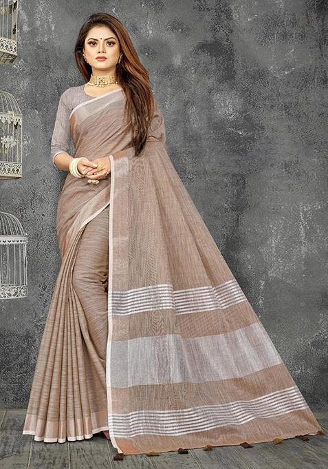Beige Zari Work Cotton Blend Saree Set