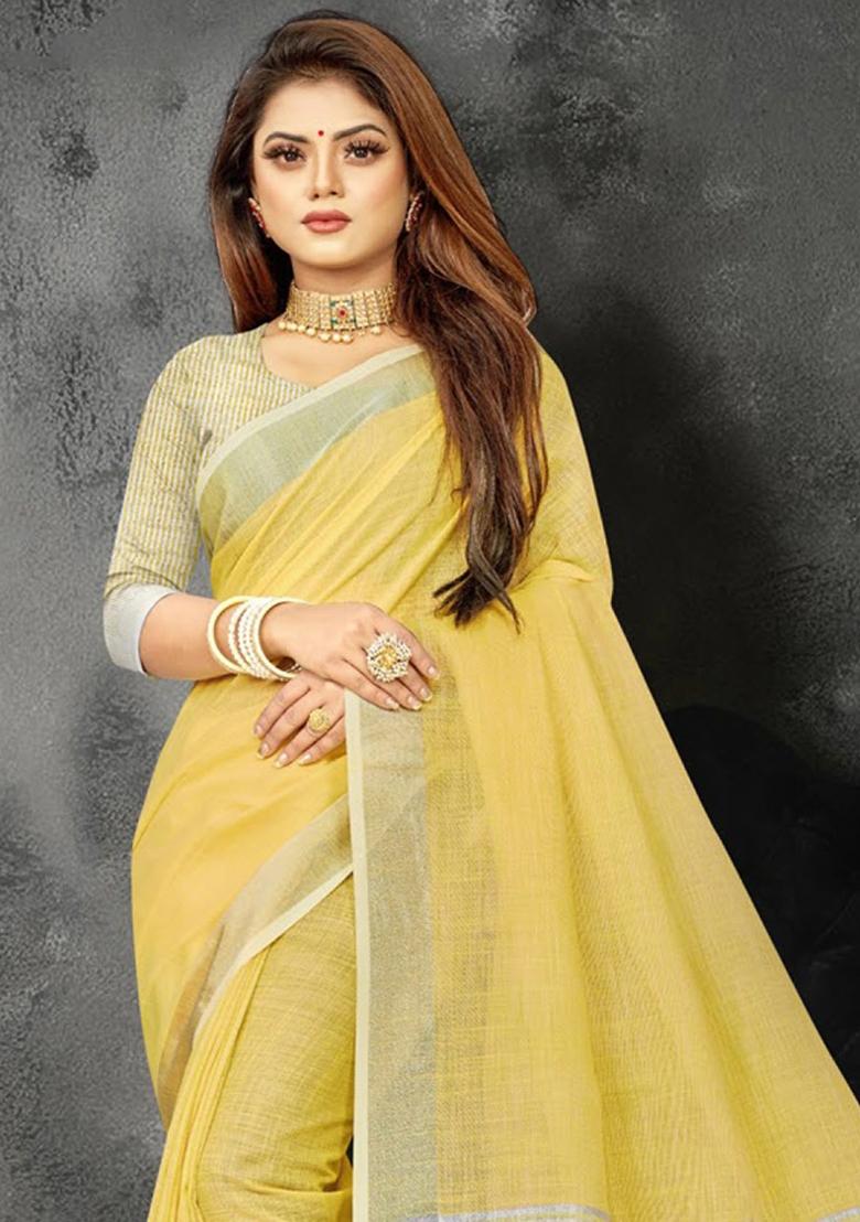 Yellow Zari Work Cotton Blend Saree Set