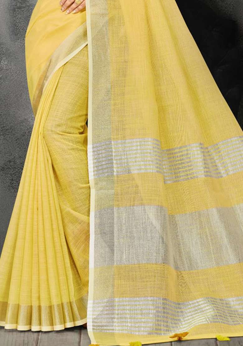 Yellow Zari Work Cotton Blend Saree Set - Indya