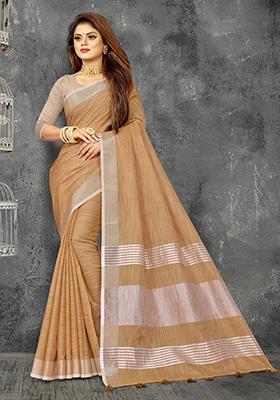 Tan Brown Zari Work Cotton Blend Saree Set
