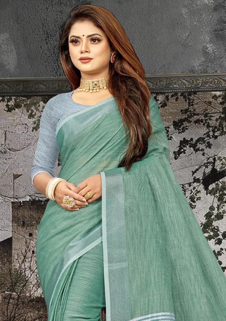 Sea Green Zari Work Cotton Blend Saree Set