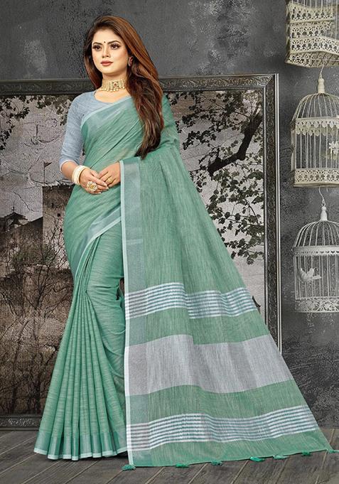 Sea Green Zari Work Cotton Blend Saree Set