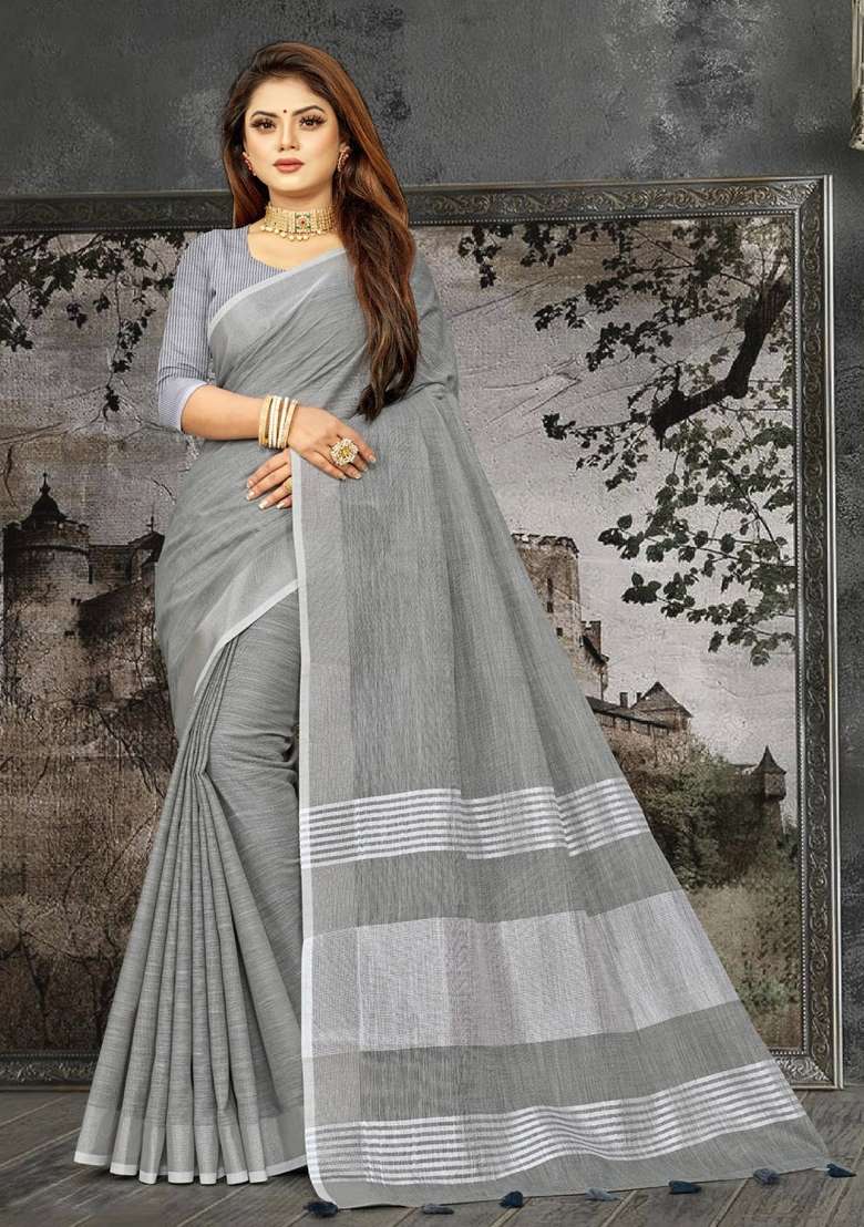 Dark Grey Zari Work Cotton Blend Saree Set - Indya