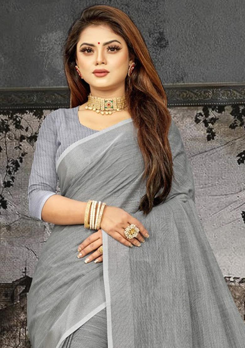 Dark Grey Zari Work Cotton Blend Saree Set