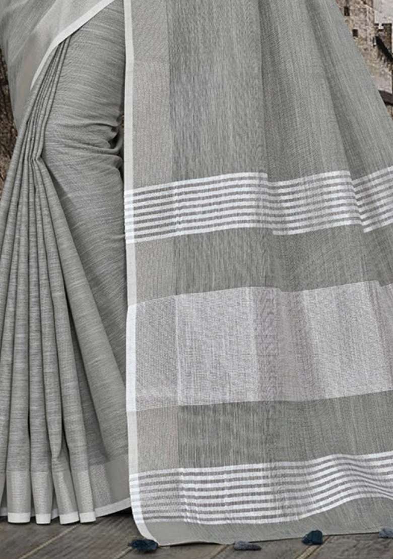 Dark Grey Zari Work Cotton Blend Saree Set - Indya
