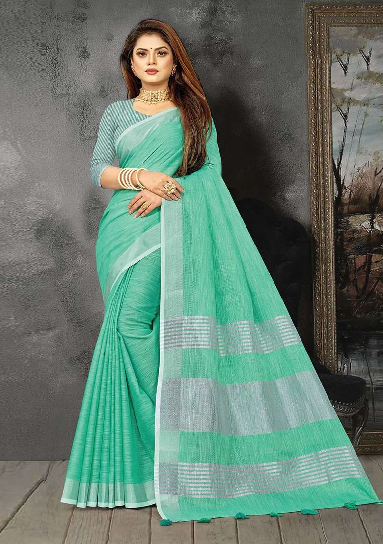 Turquoise Zari Work Cotton Blend Saree Set - Indya