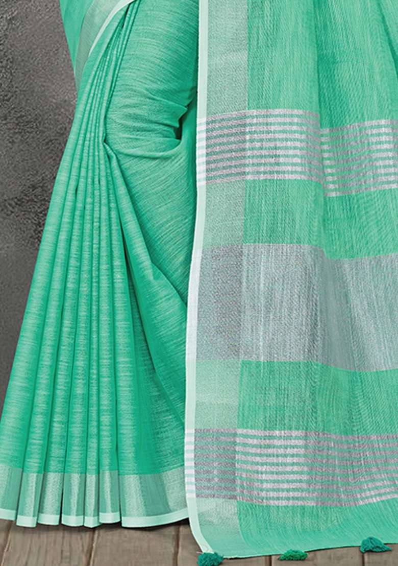 Turquoise Zari Work Cotton Blend Saree Set - Indya