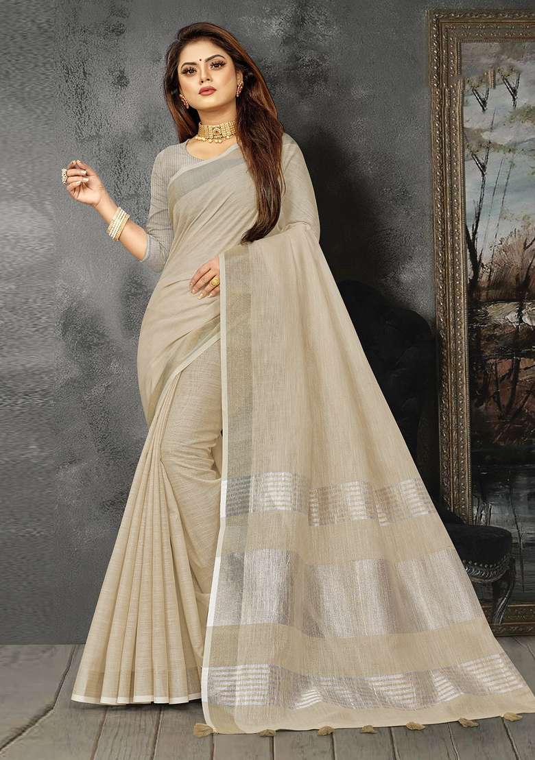 Cream Zari Work Cotton Blend Saree Set - Indya
