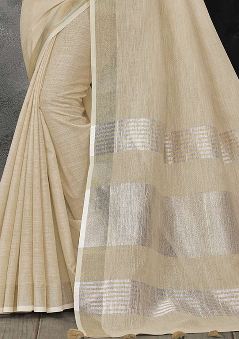 Cream Zari Work Cotton Blend Saree Set - Indya
