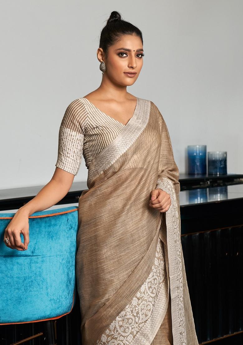 Beige Woven Linen Saree Set