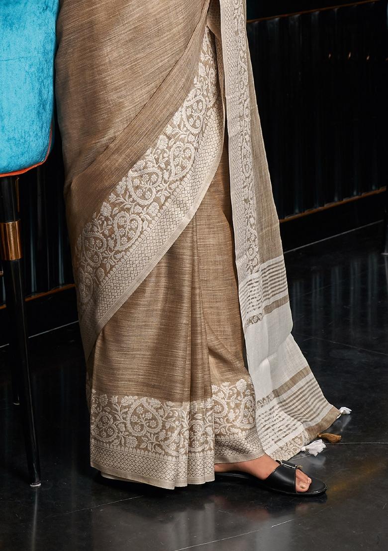 Beige Woven Linen Saree Set
