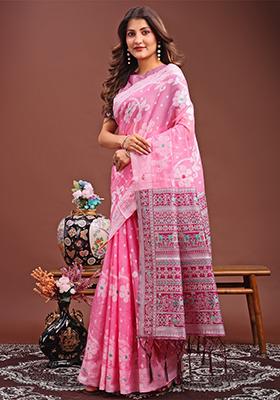 Pink Woven Cotton Blend Saree Set