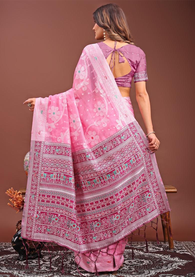 Pink Woven Cotton Blend Saree Set
