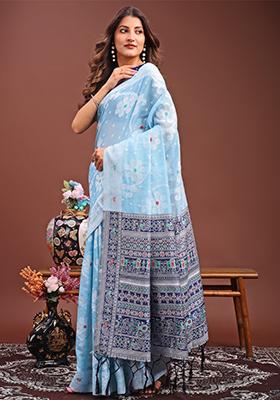 Sky Blue Woven Cotton Blend Saree Set