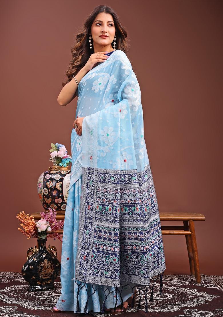 Sky Blue Woven Cotton Blend Saree Set