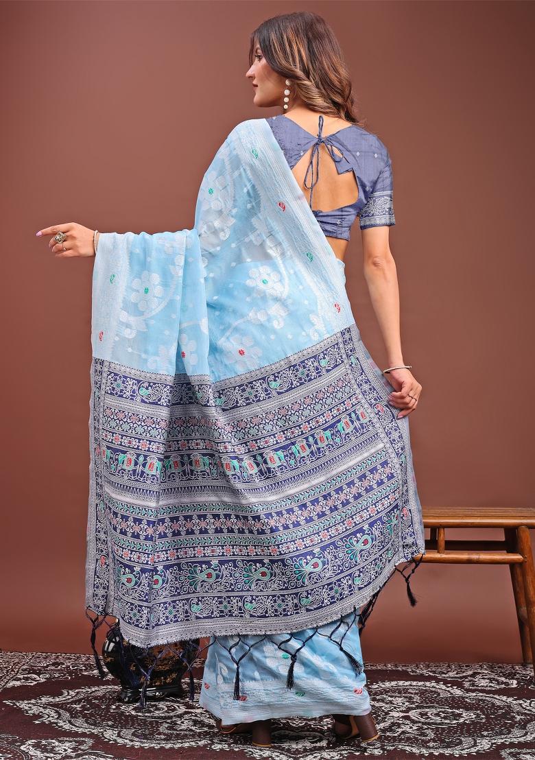 Sky Blue Woven Cotton Blend Saree Set