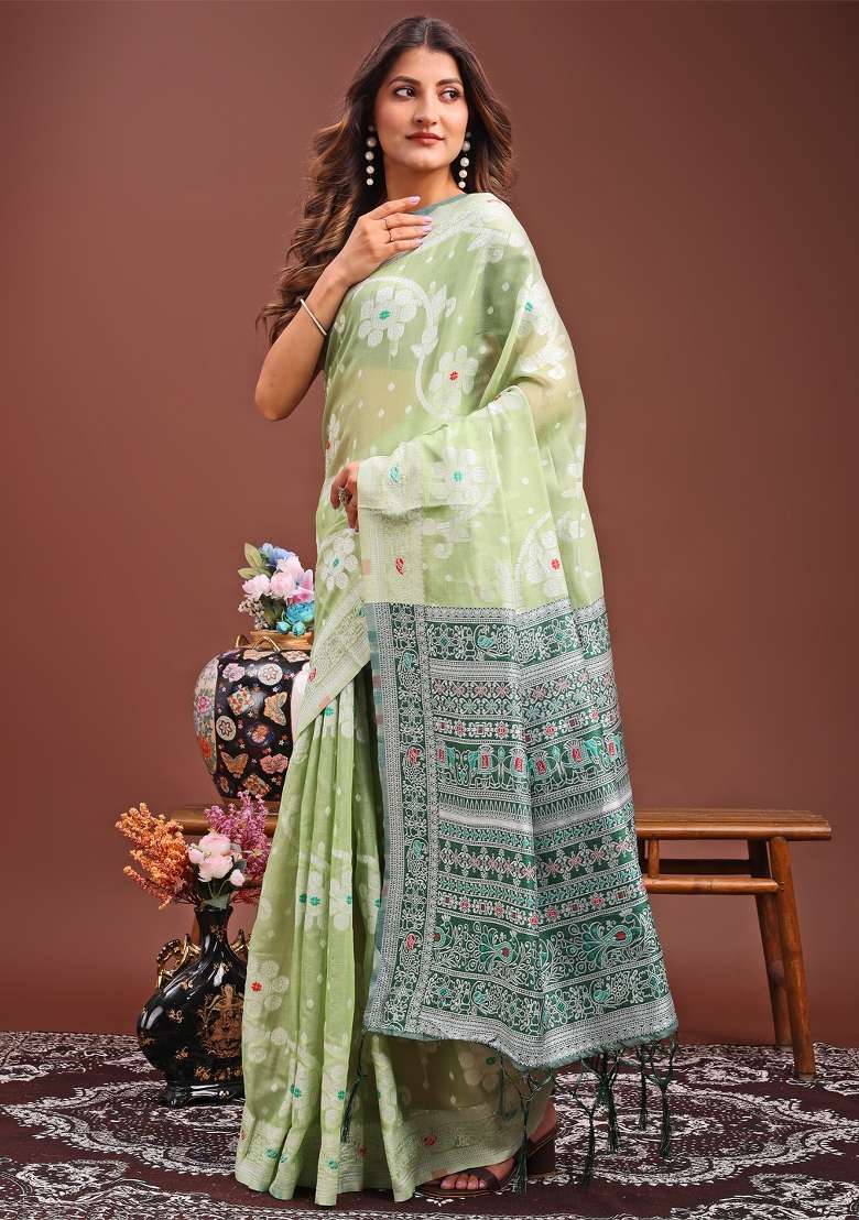 Light Green Woven Cotton Blend Saree Set - Indya
