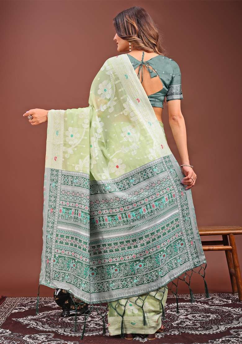 Light Green Woven Cotton Blend Saree Set - Indya