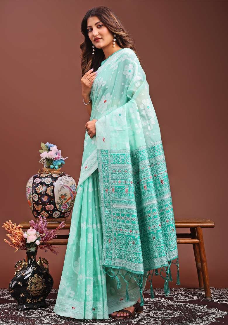 Sea Green Woven Cotton Blend Saree Set - Indya