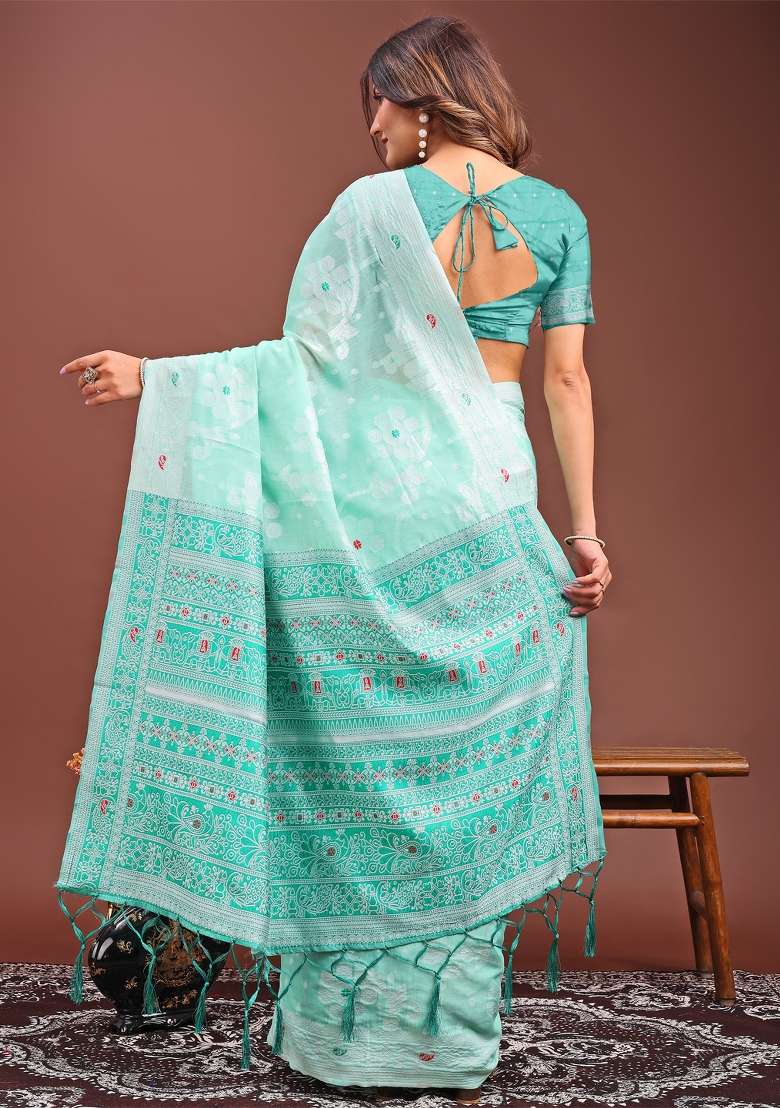 Sea Green Woven Cotton Blend Saree Set - Indya