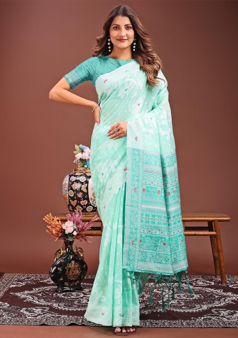 Sea Green Woven Cotton Blend Saree Set