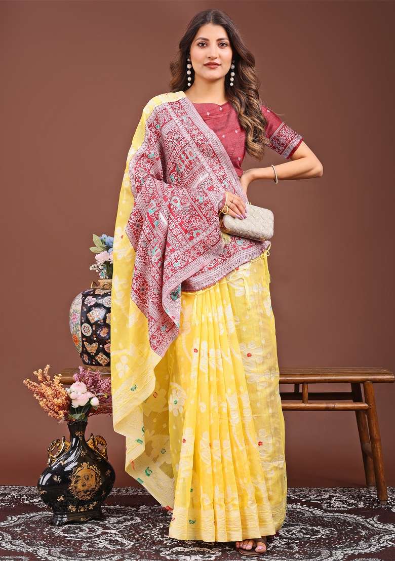 Yellow Woven Cotton Blend Saree Set - Indya