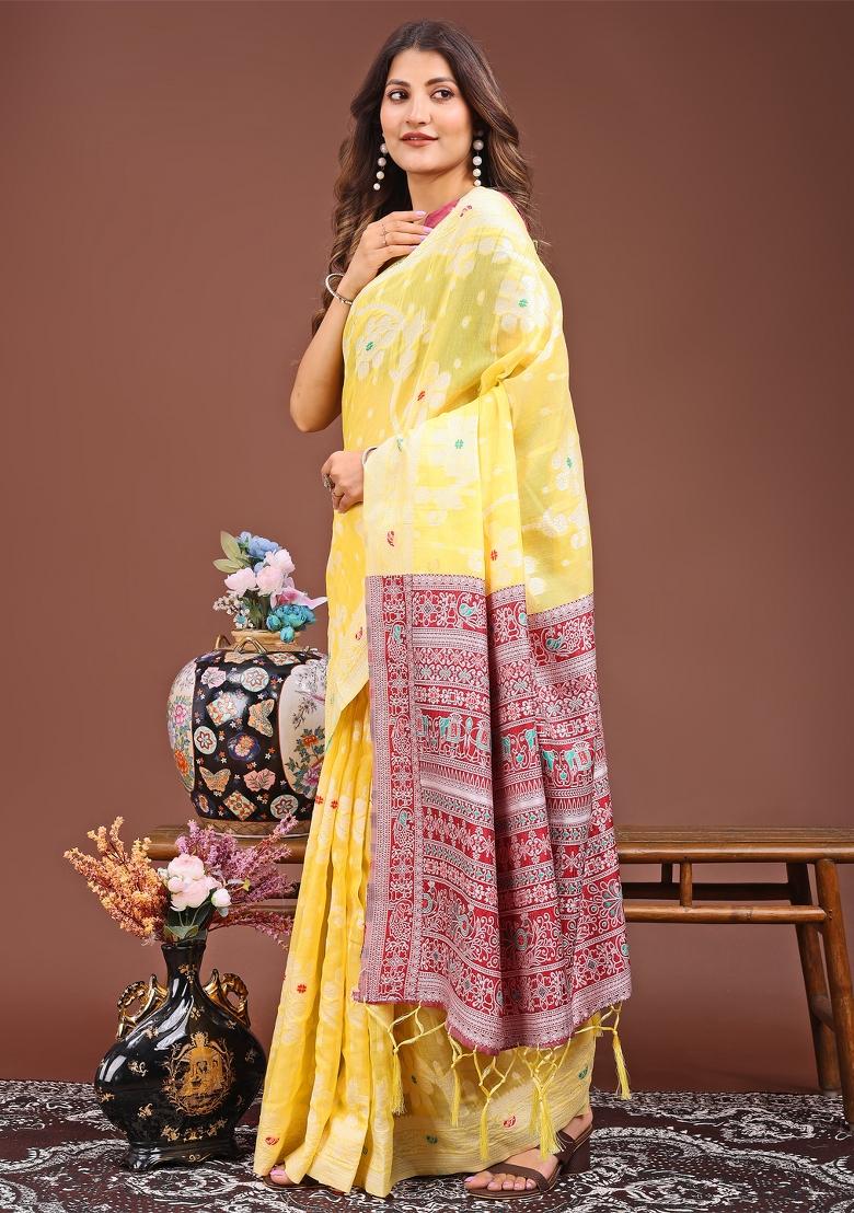 Yellow Woven Cotton Blend Saree Set