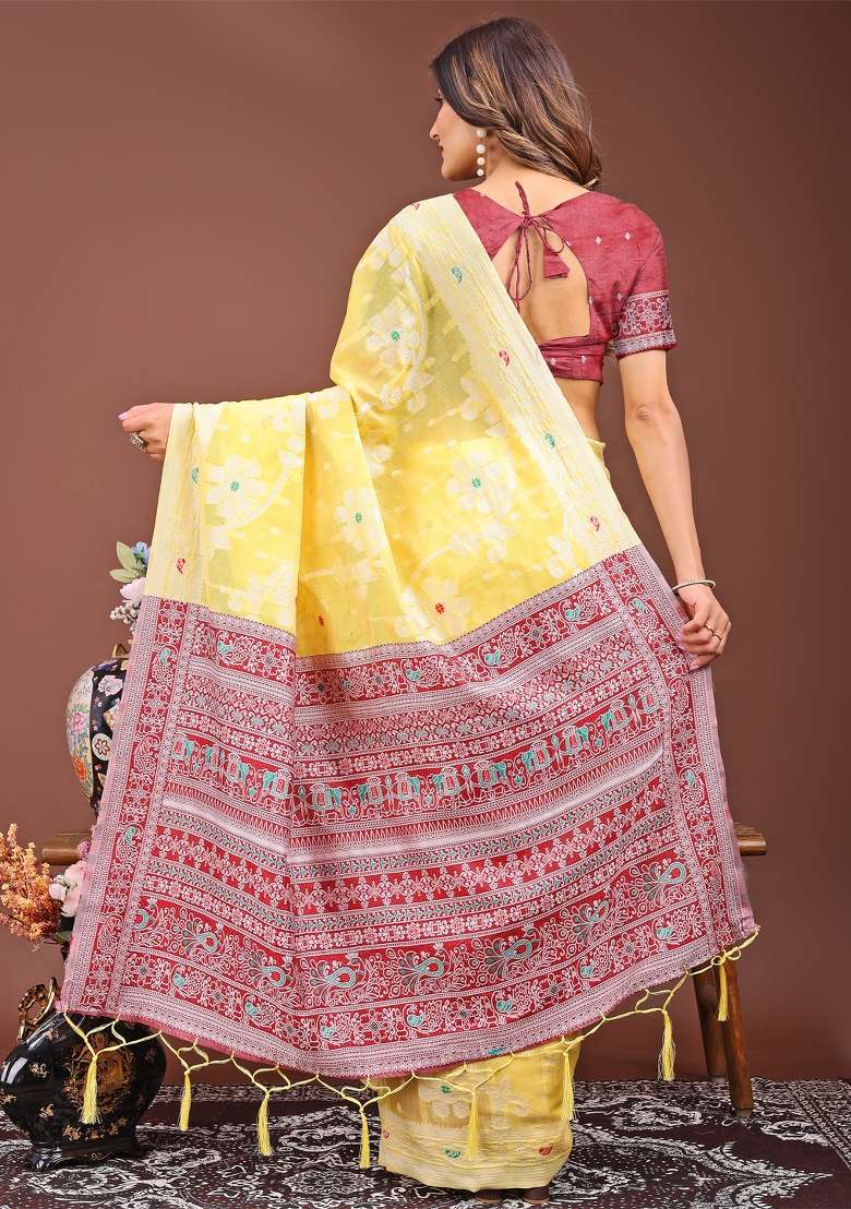 Yellow Woven Cotton Blend Saree Set - Indya