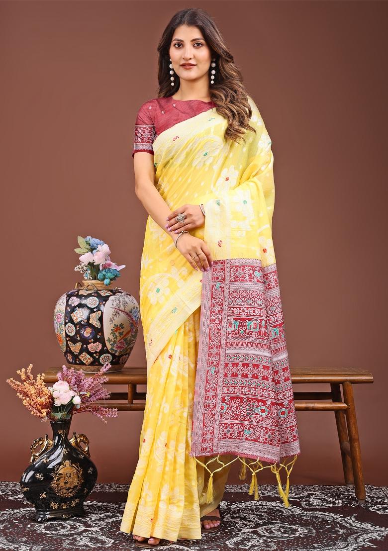 Yellow Woven Cotton Blend Saree Set