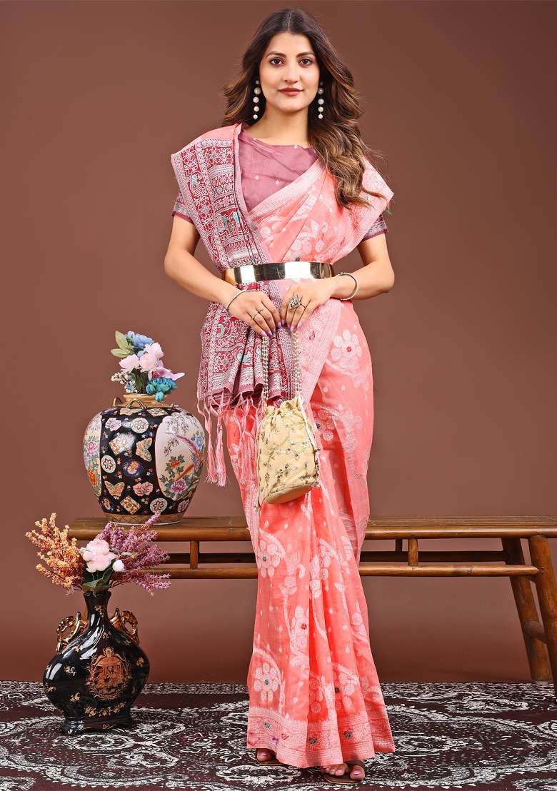 Peach Woven Cotton Blend Saree Set - Indya