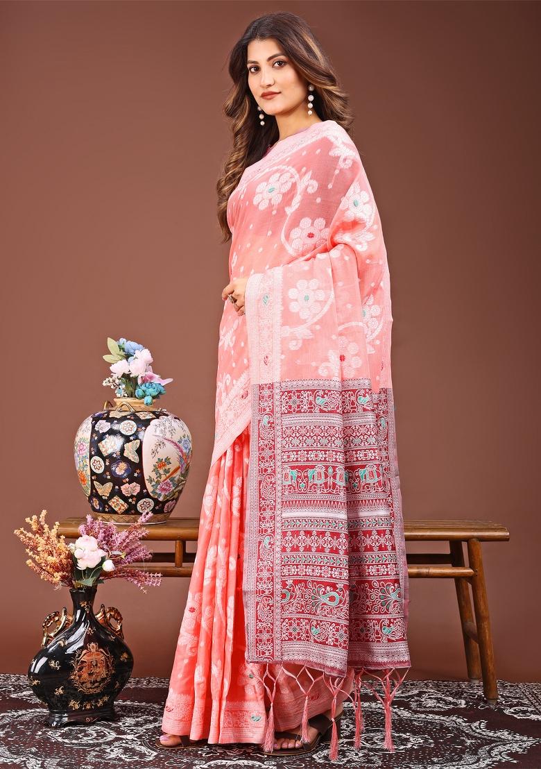 Peach Woven Cotton Blend Saree Set