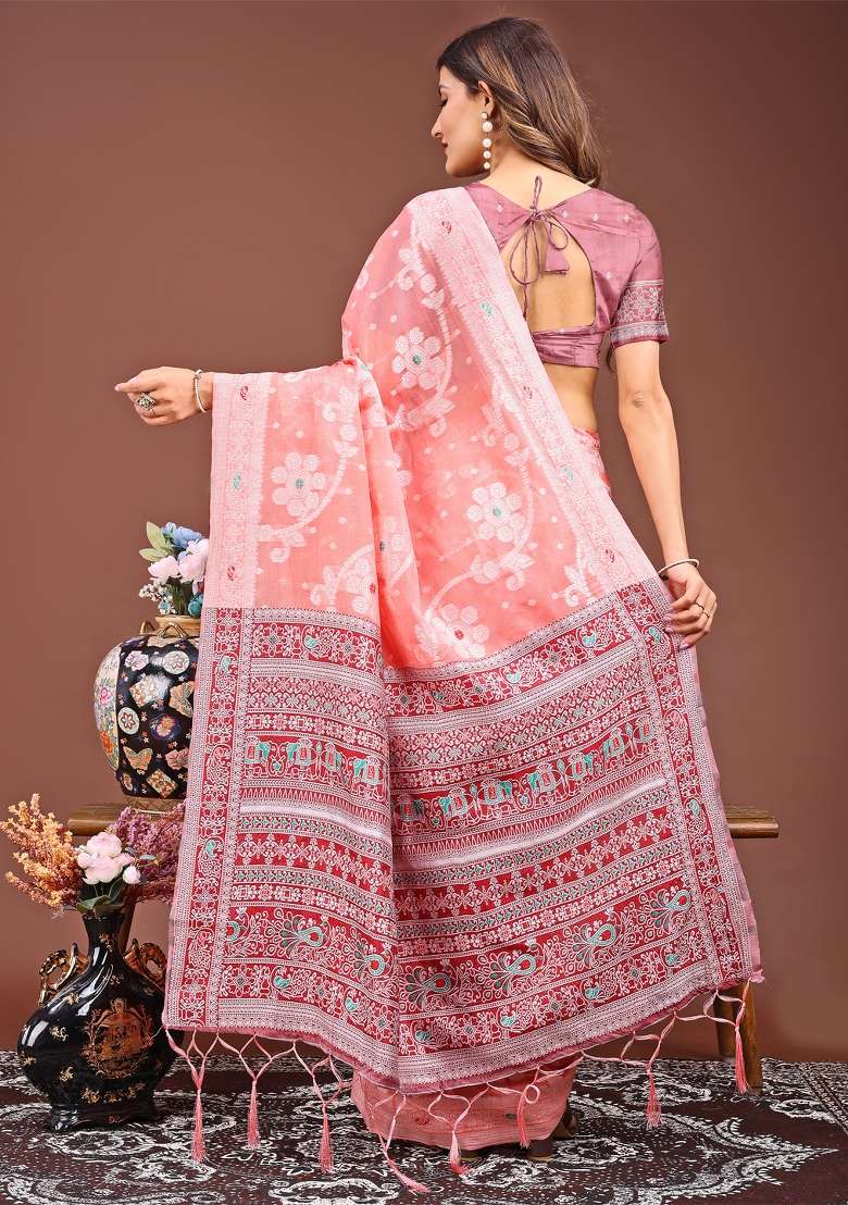 Peach Woven Cotton Blend Saree Set - Indya