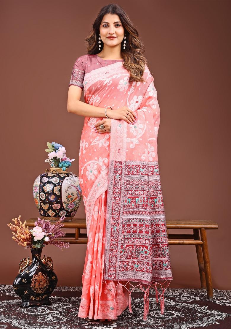 Peach Woven Cotton Blend Saree Set