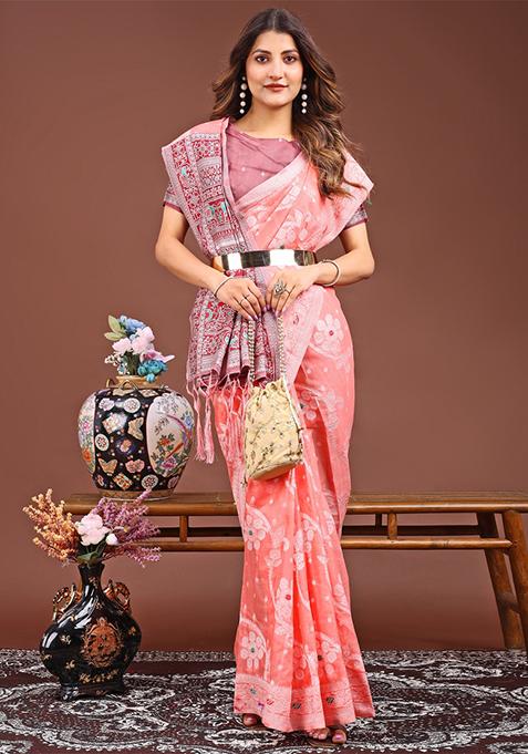 Peach Woven Cotton Blend Saree Set